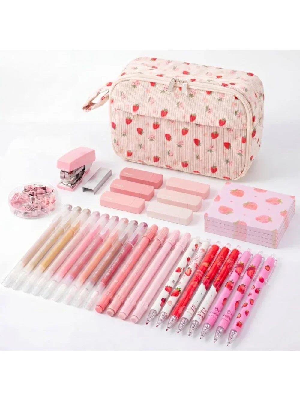 Cute Pink Strawberry Stationery Set with Pencil Case - Perfect School Supplies!